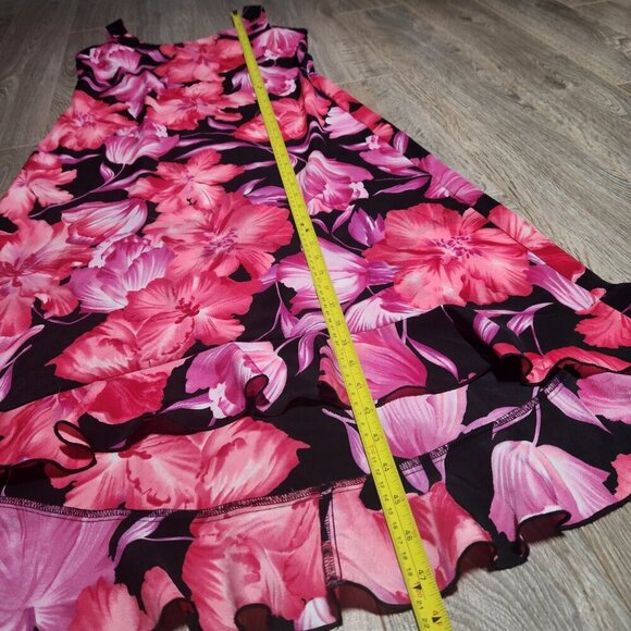 Vintage romantic 90s pink and black sleeveless midi floral dress with ruffles - Picture 13 of 14